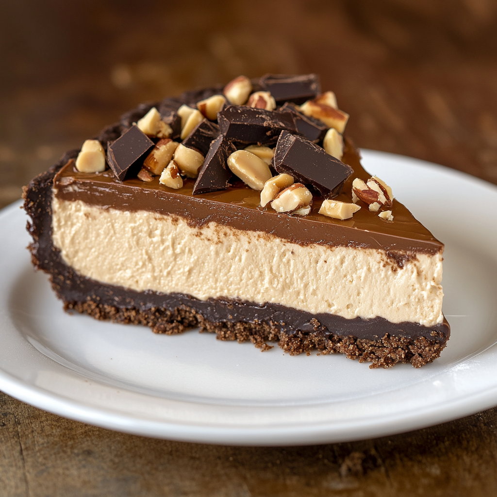 Creamy peanut butter cheesecake with chocolate crust and topping.