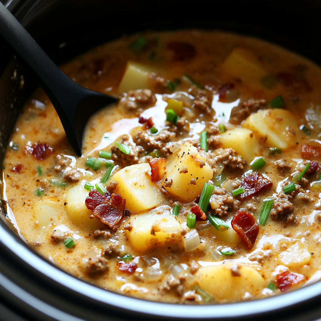 Creamy potato soup with beef and bacon garnish.