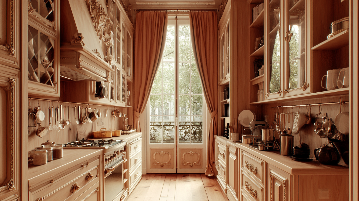 Create 18th century kitchen with wide view window.