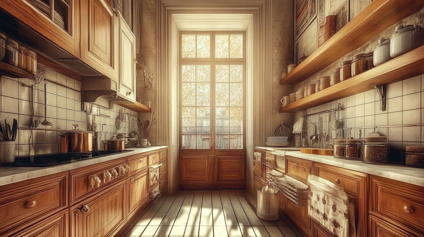 Create 19th century kitchen with wide window view.