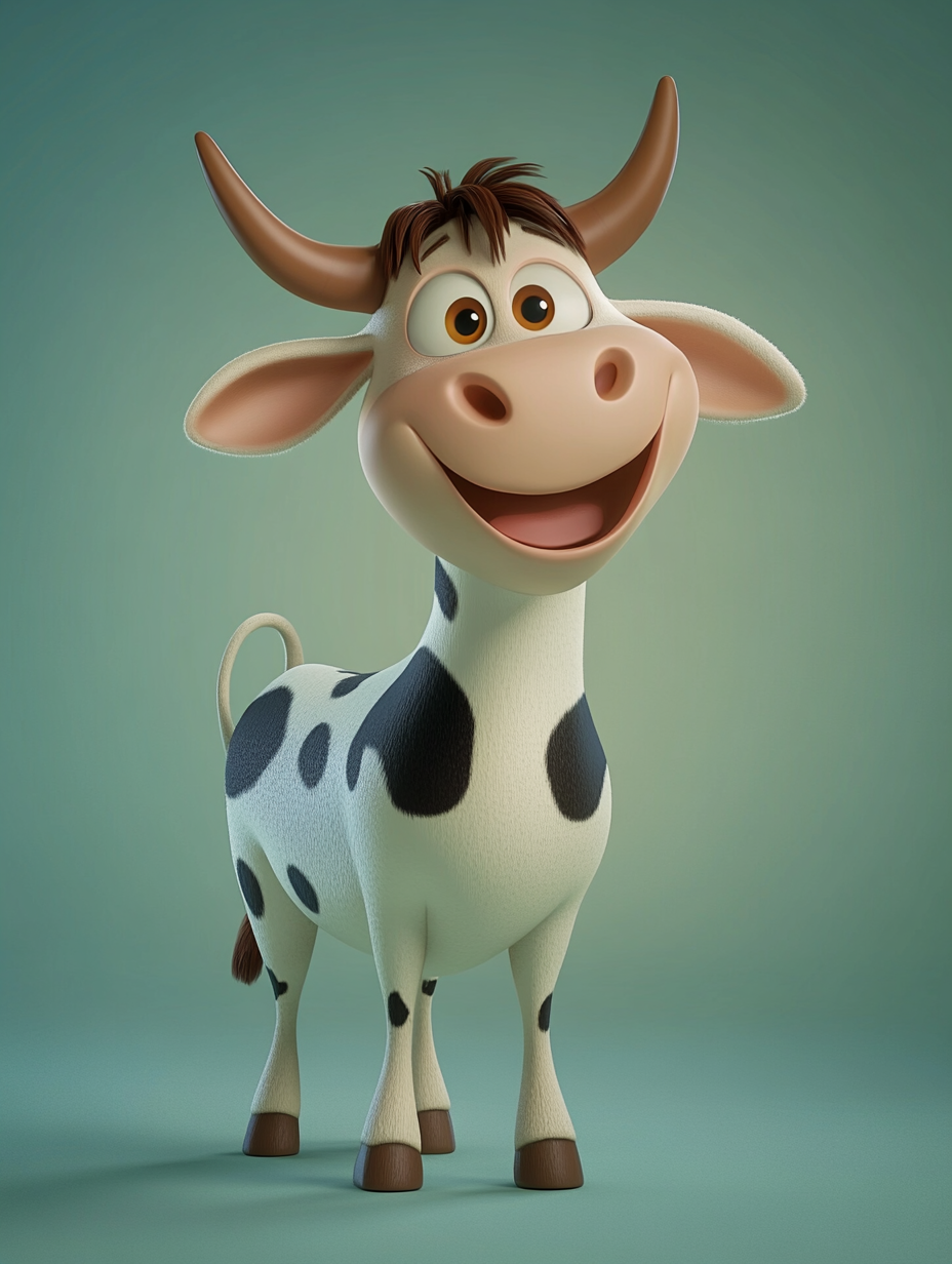 Create 3D cartoon character with dairy, fun, balance.