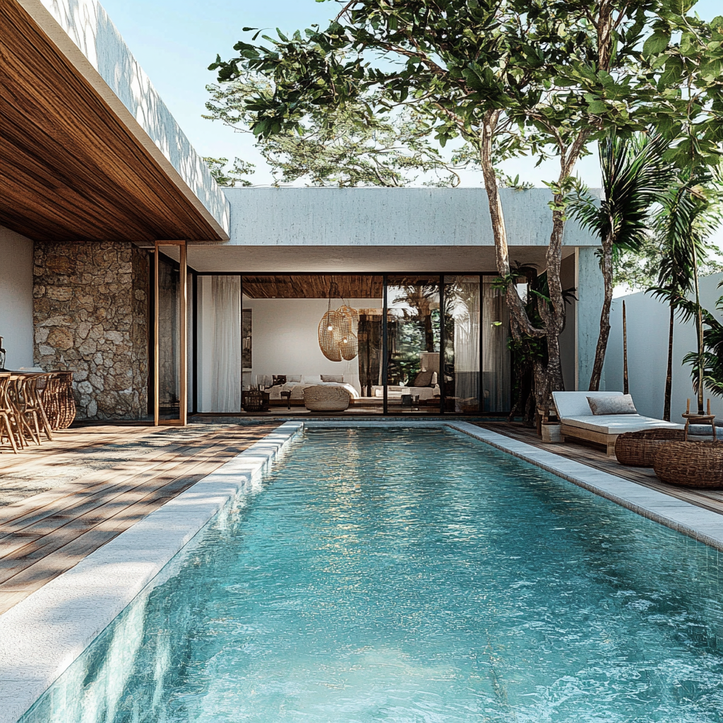 Create Bali villa 75sqm, pool 11sqm, minimalist design.