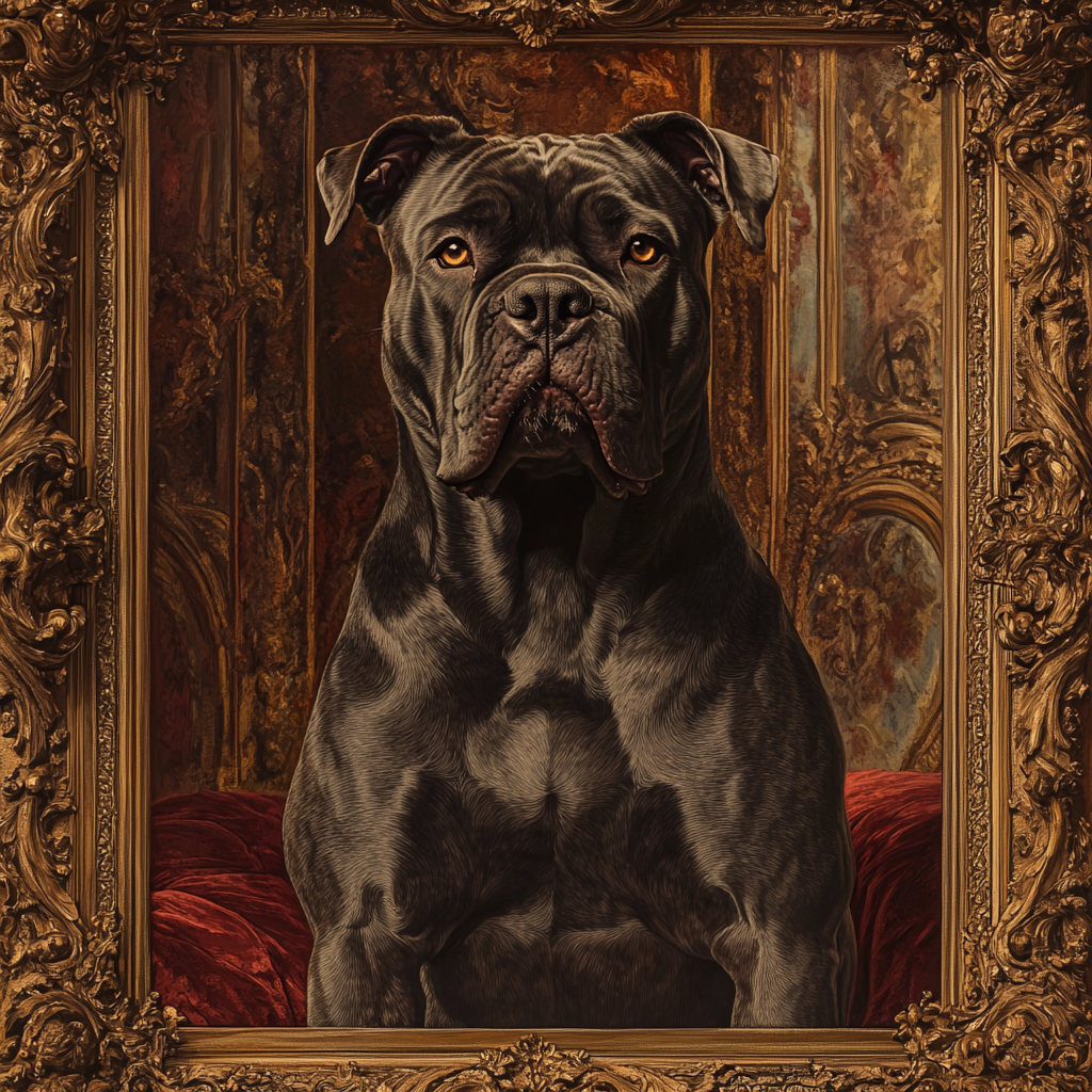 Create Baroque style image of majestic Cane Corso.