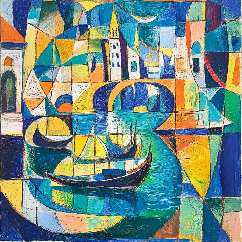 Create a Picasso crayon drawing of gondoliers reflection.