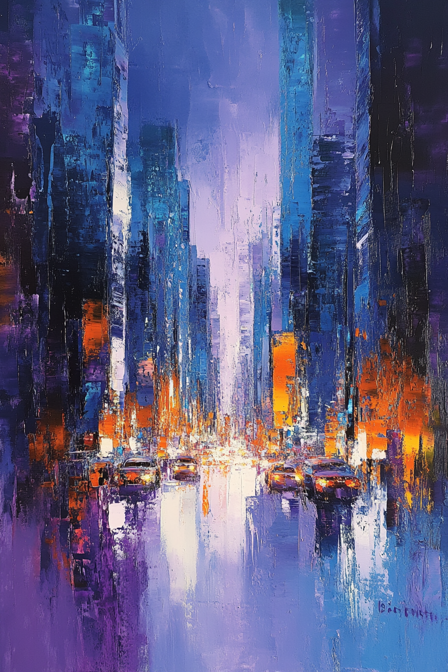 Create abstract canvas of city at dusk: energy, elegance.