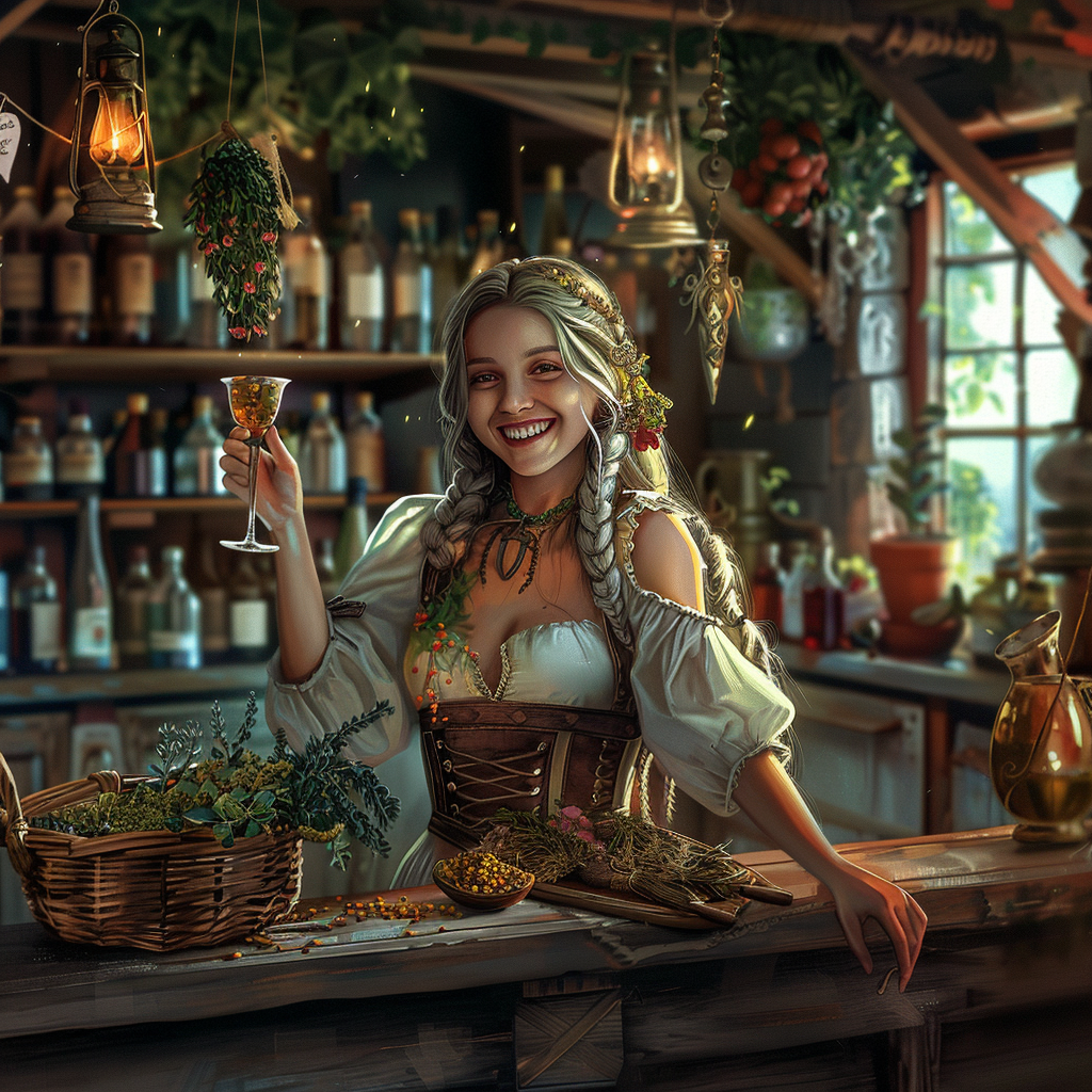 Create beautiful ancient apothecary with glass bottles, herbs, witch.