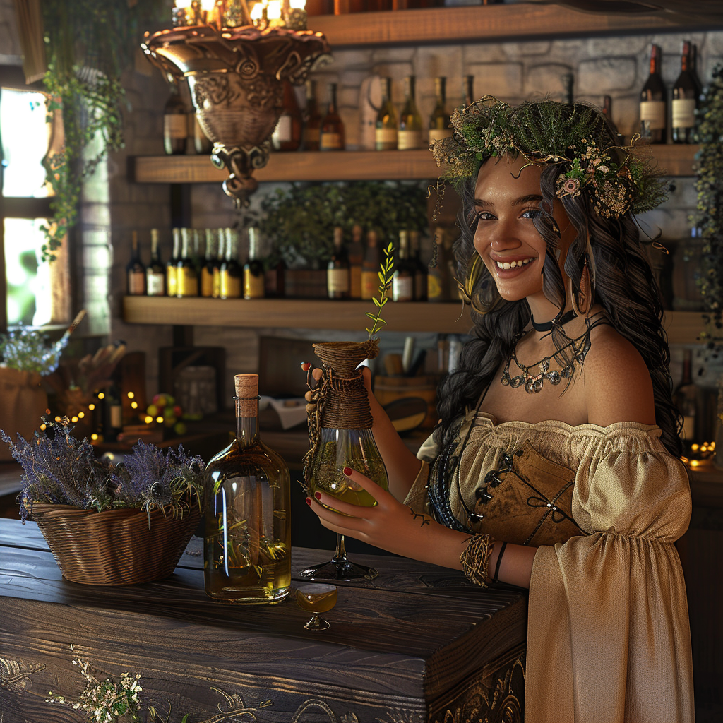 Create beautiful ancient apothecary with glass bottles herbs.