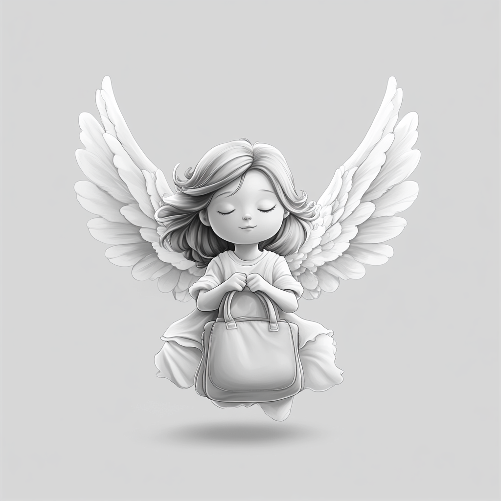 Create black and white child angel drawing with bag.