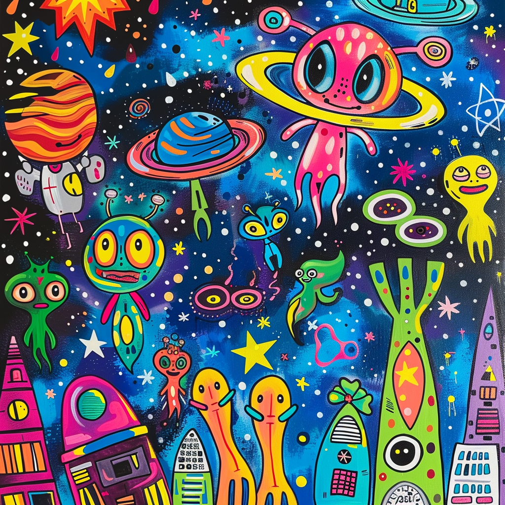 Create colorful pop art background with alien characters.