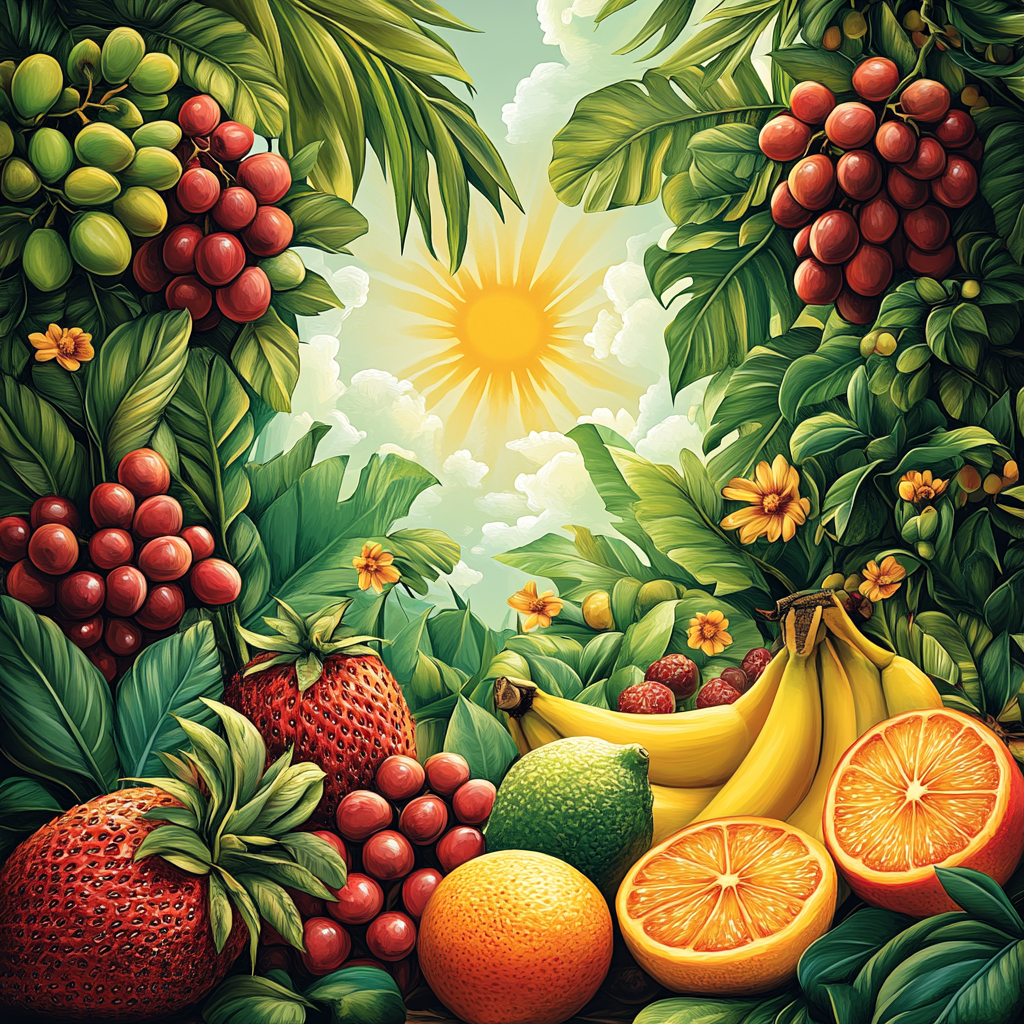 Create cover with healthy foods in jungle illustration.