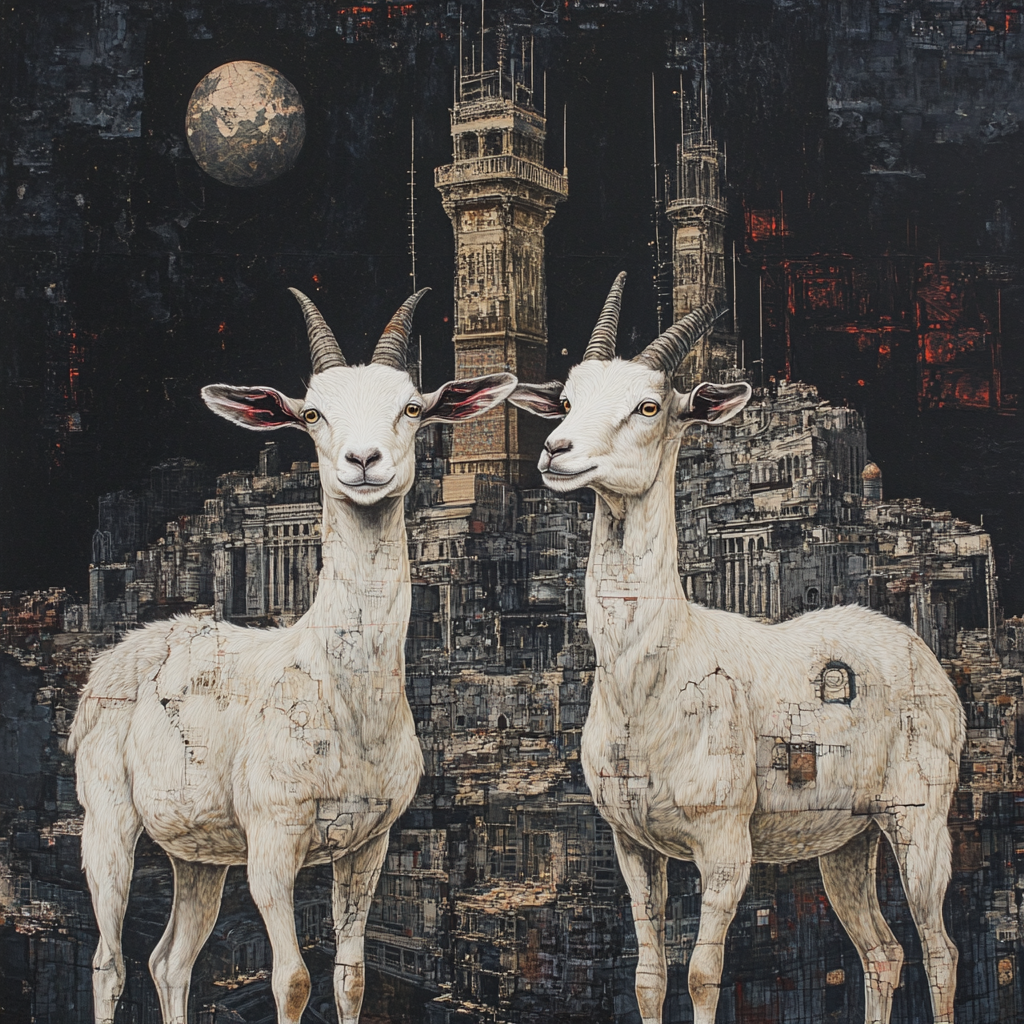 Create futuristic painting with two goats and building.