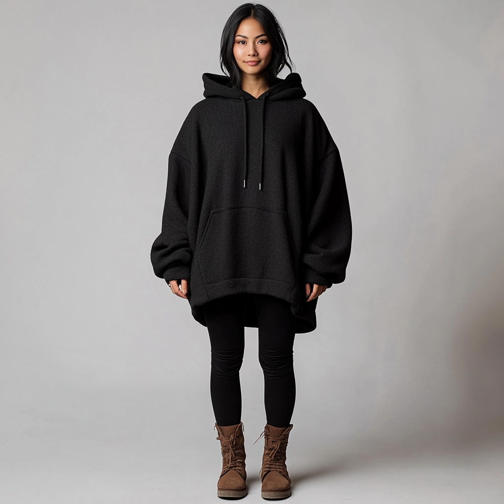 Create image of tall model in oversized black hoodie.