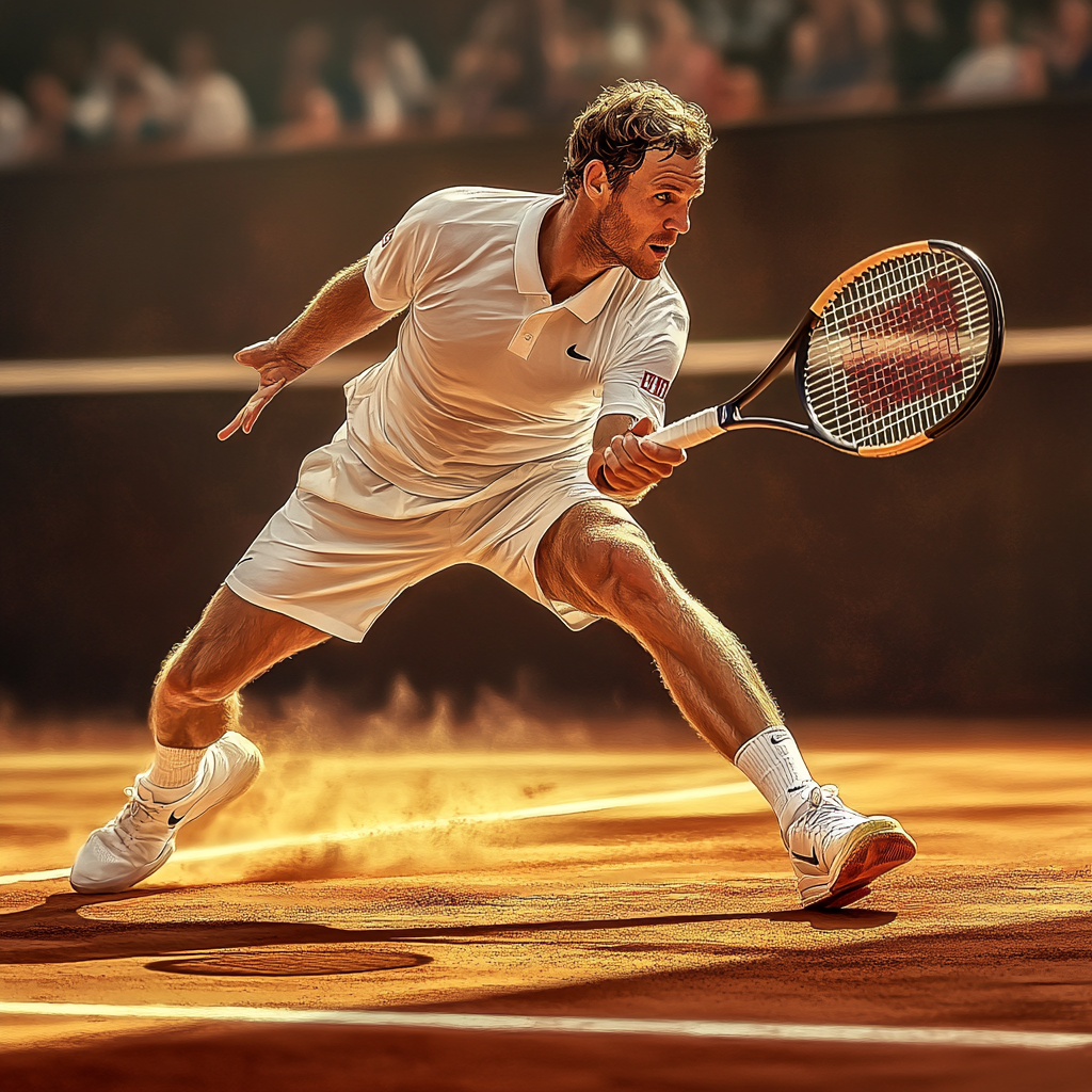 Create lifelike image of focused tennis player mid-action.