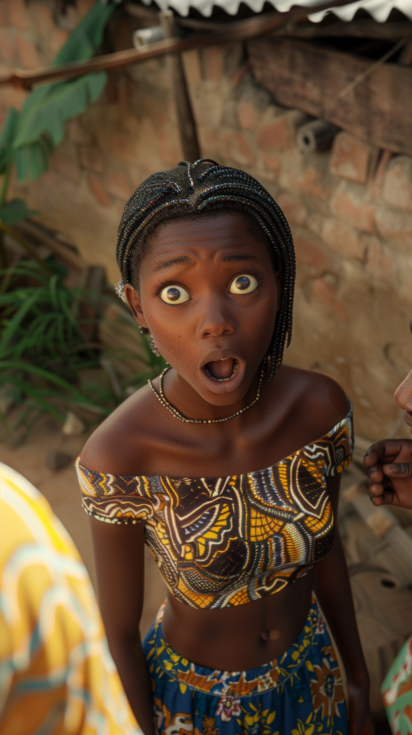 Create lifelike image: Gladys, teen in African attire, shocked.