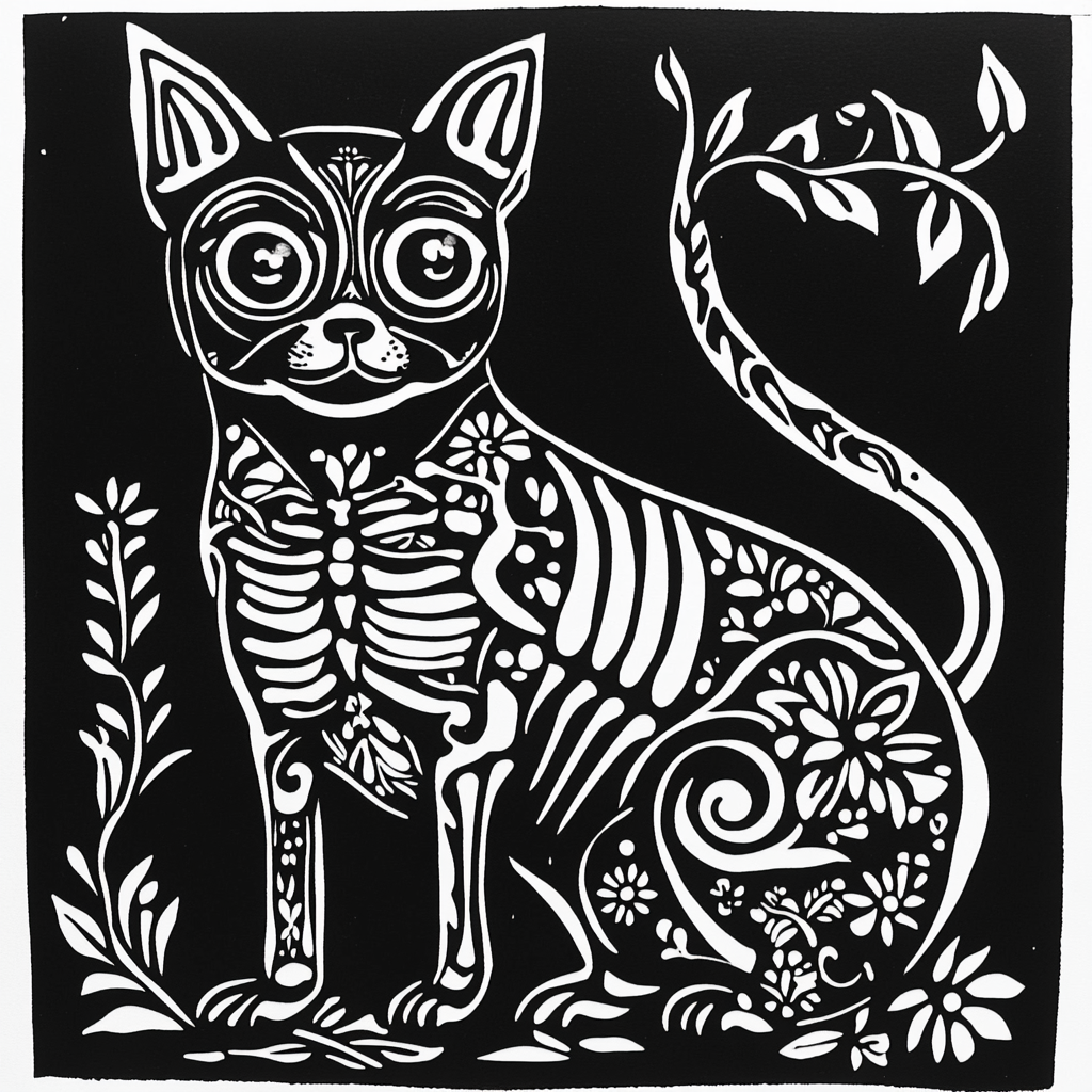 Create lino print of dog-cat figure with floral patterns.