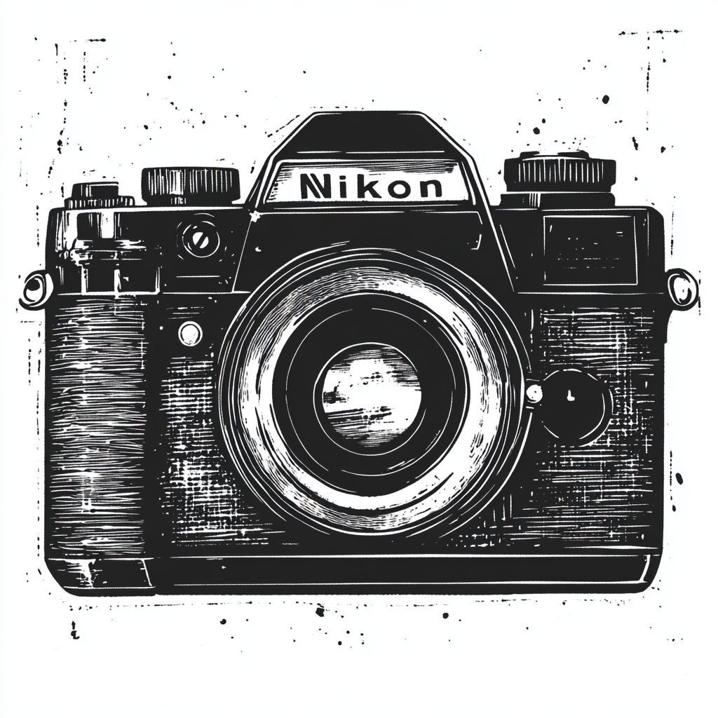 Create lino print of vintage Nikon AF film camera.