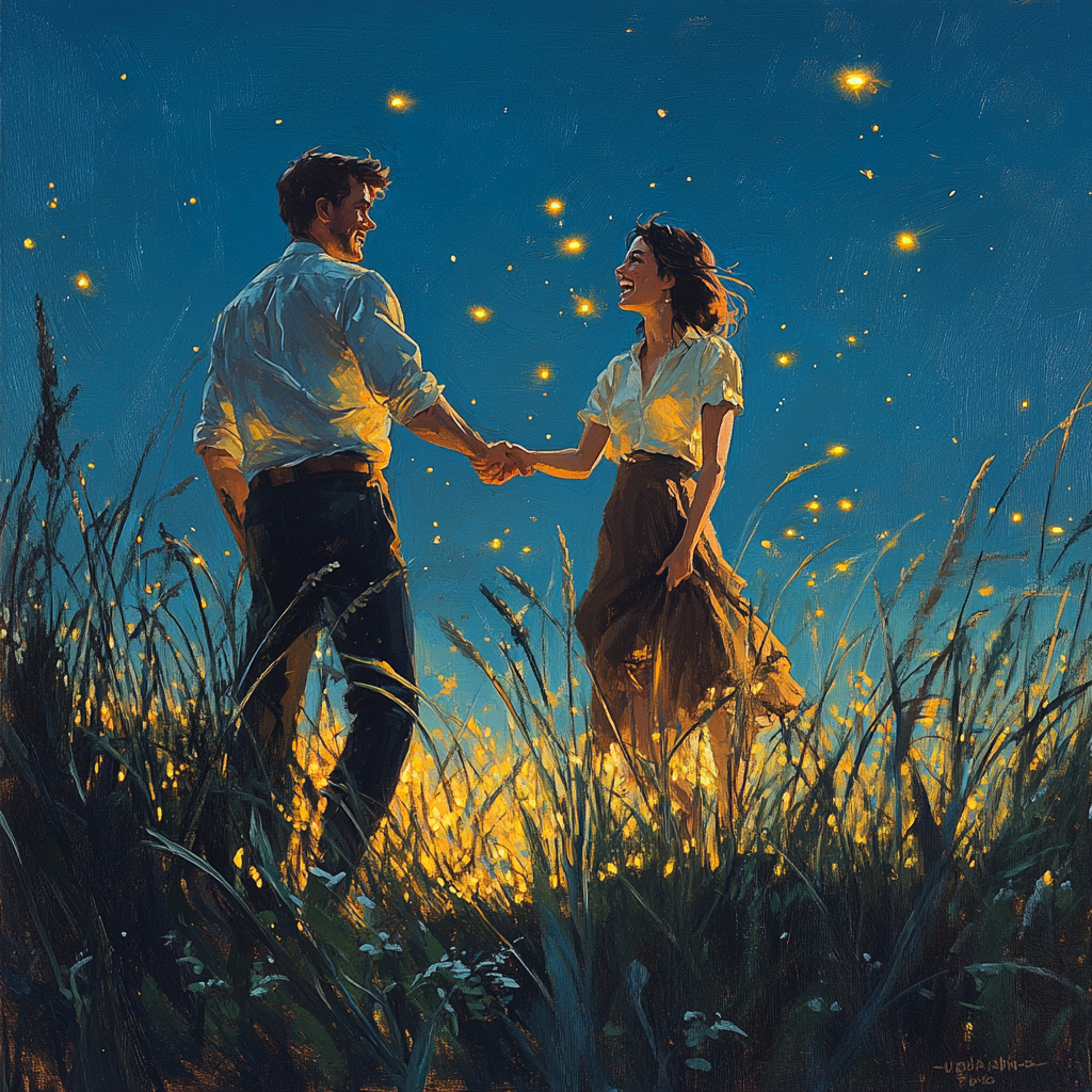 Create man and woman holding hands, chasing fireflies.