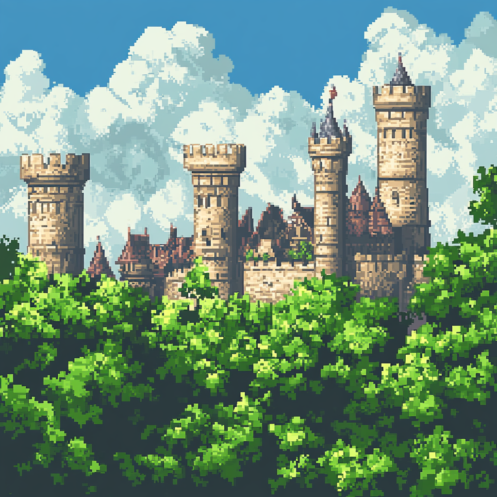 Create medieval pixel art game cover with towers.