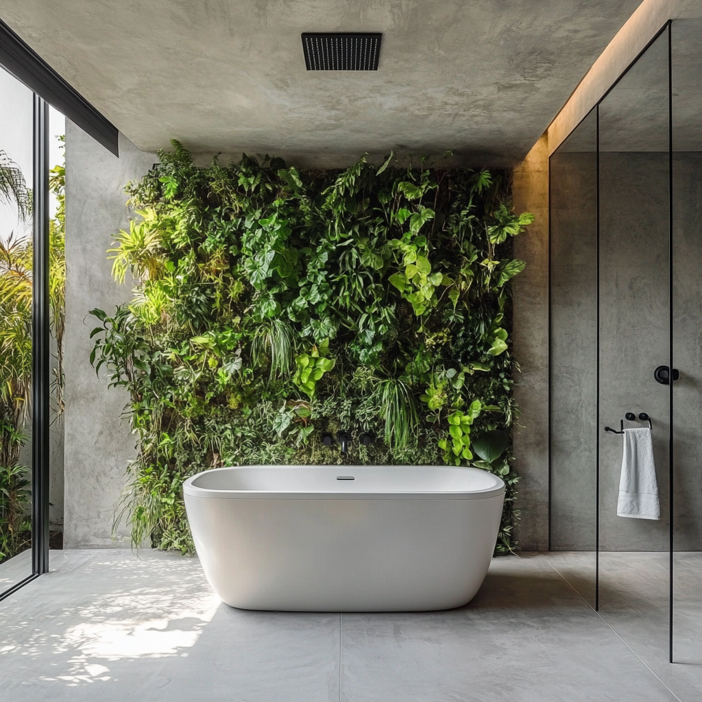 Create minimalist, natural bathroom with polished concrete walls.