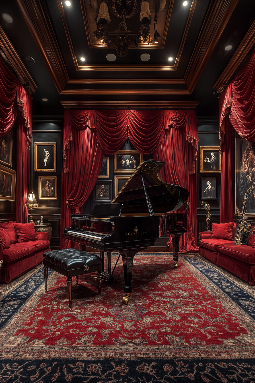 Create music room with Phantom’s Opera drama, grand piano.