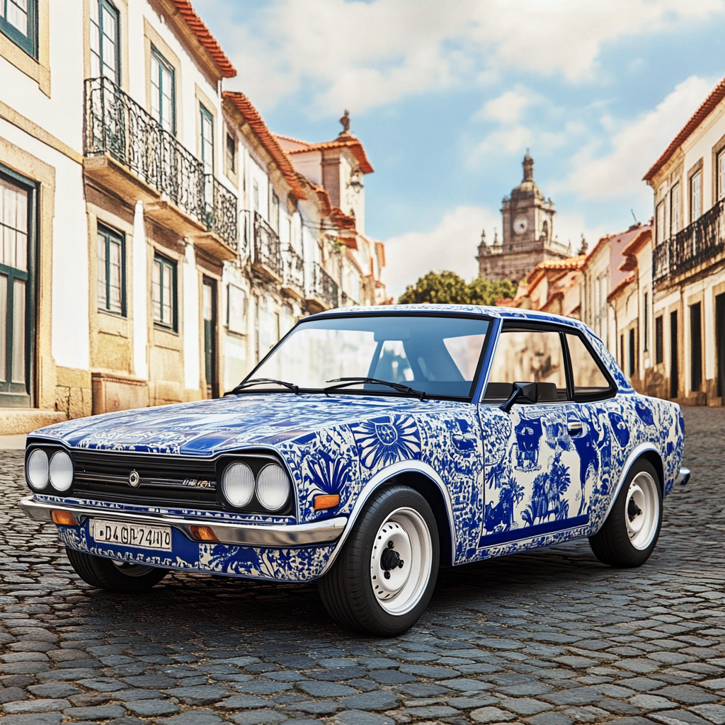 Create realistic image of Datsun 1200 with azulejo tiles.