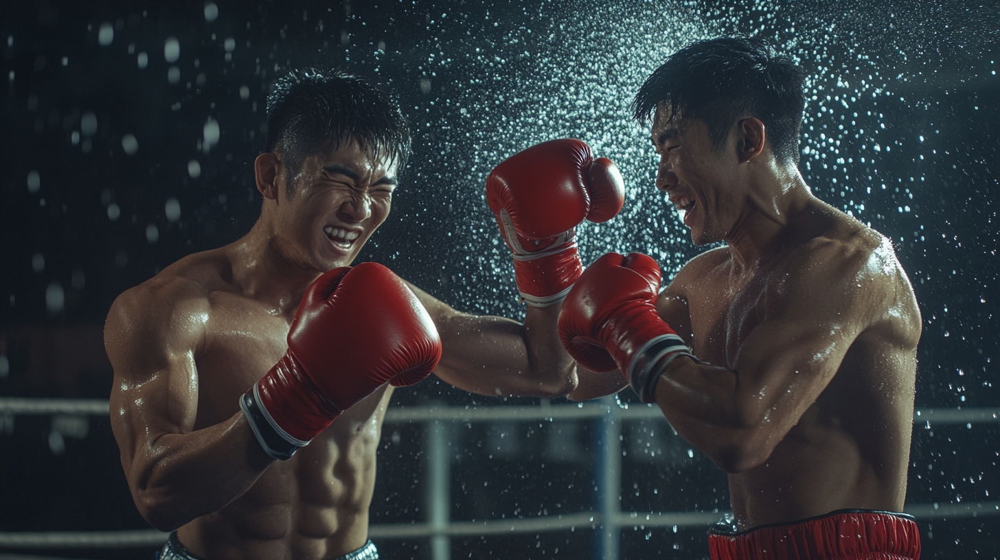 Create two Asian boxers throwing bucket, red gloves.