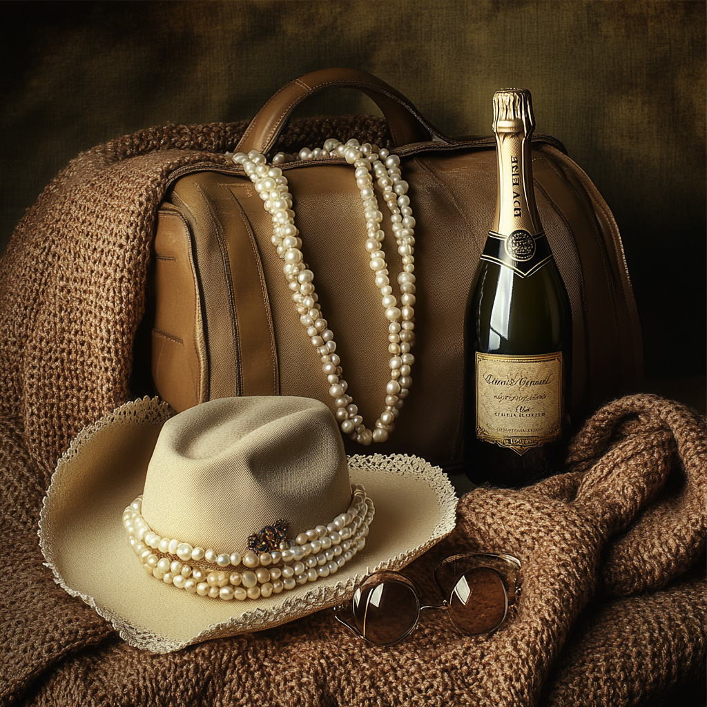 Create vintage image with cream pearl necklace, hat, duffel bag, and champagne.