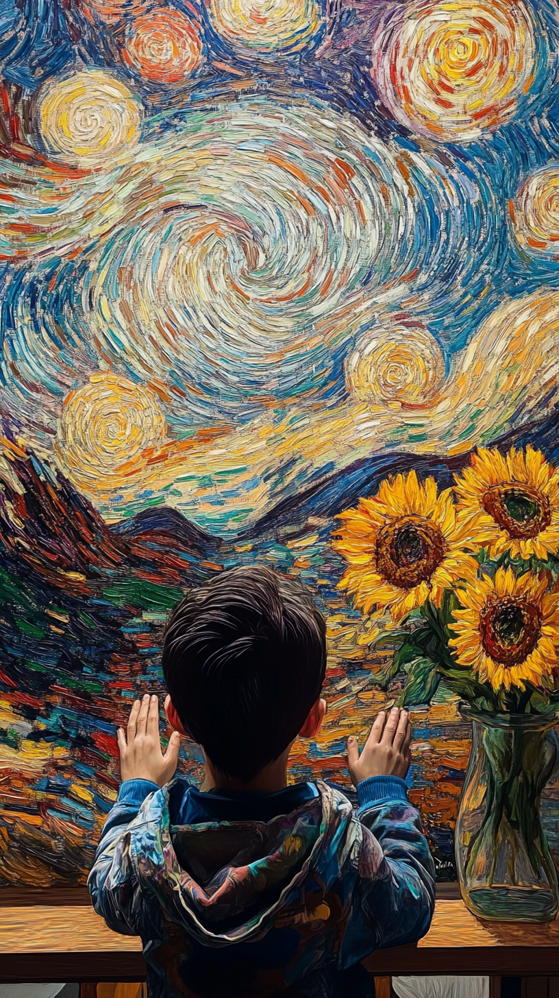 Creating Art: Young Artist in Vincent Van Gogh Style