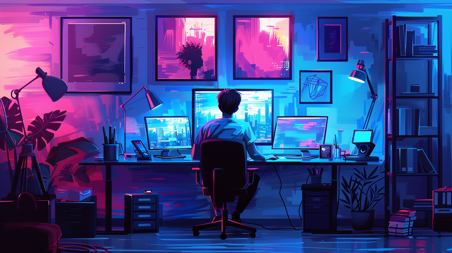 Creative workspace with designer, digital art, and tools. Bright!