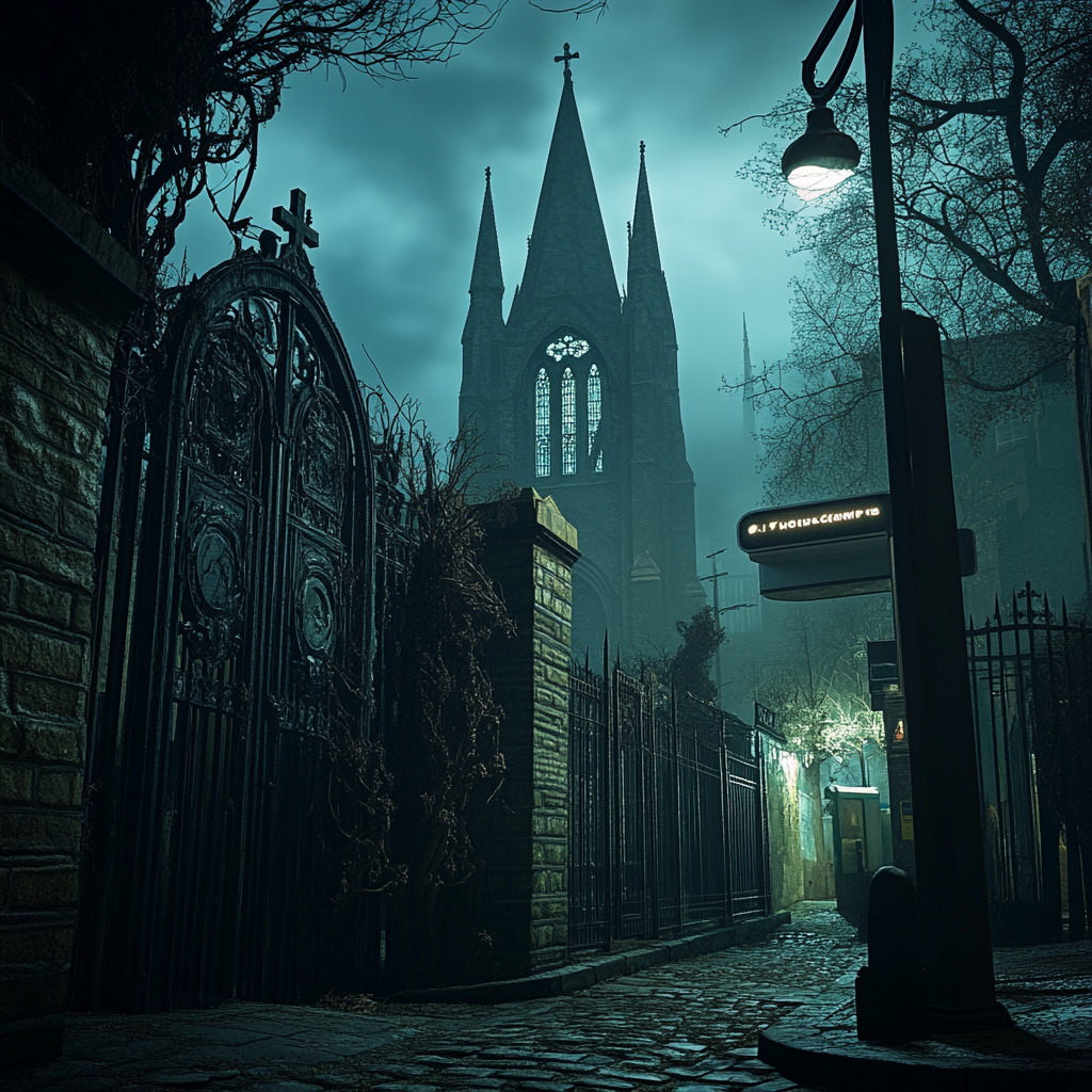 Creepy, foggy London alley with gothic church and cemetery