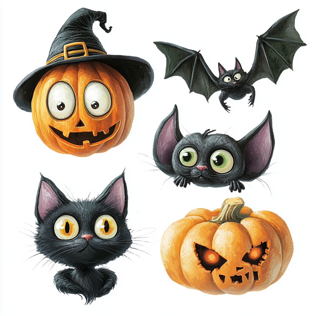 Creepy Halloween Objects: Pumpkin, Cat, Witch, Bat