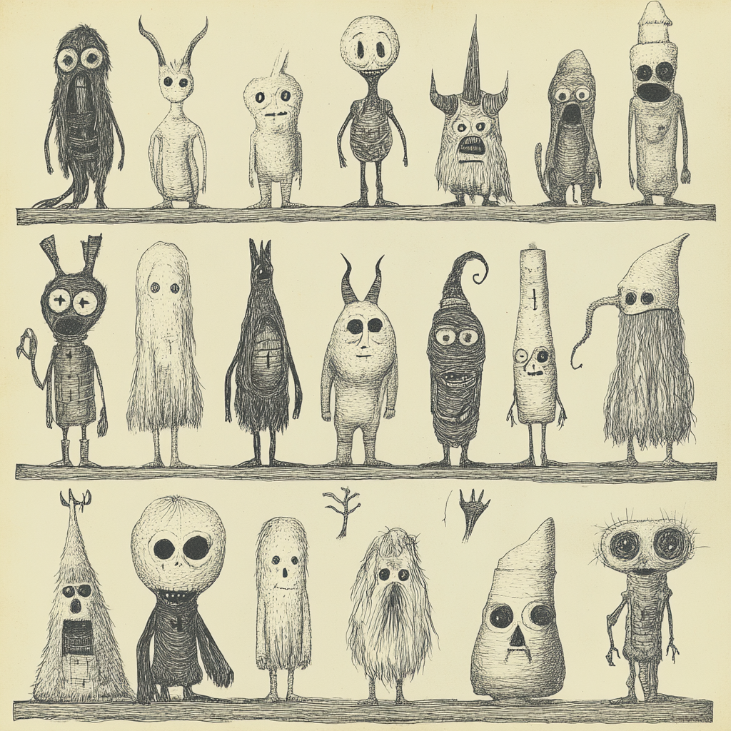 Creepy Monster Figures on Shelf: Haunting and Whimsical