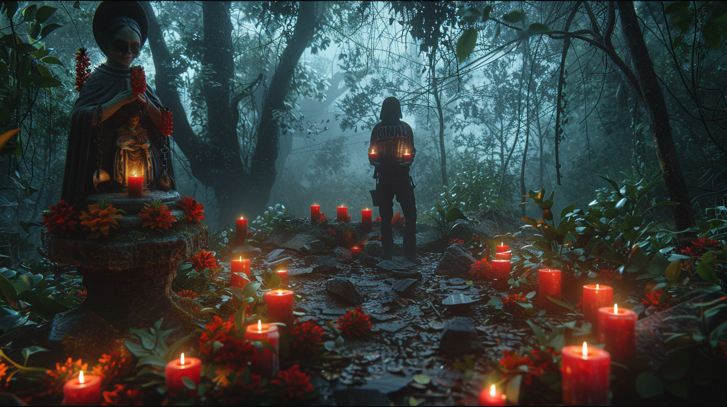 Creepy forest scene with Santa Muerte statue