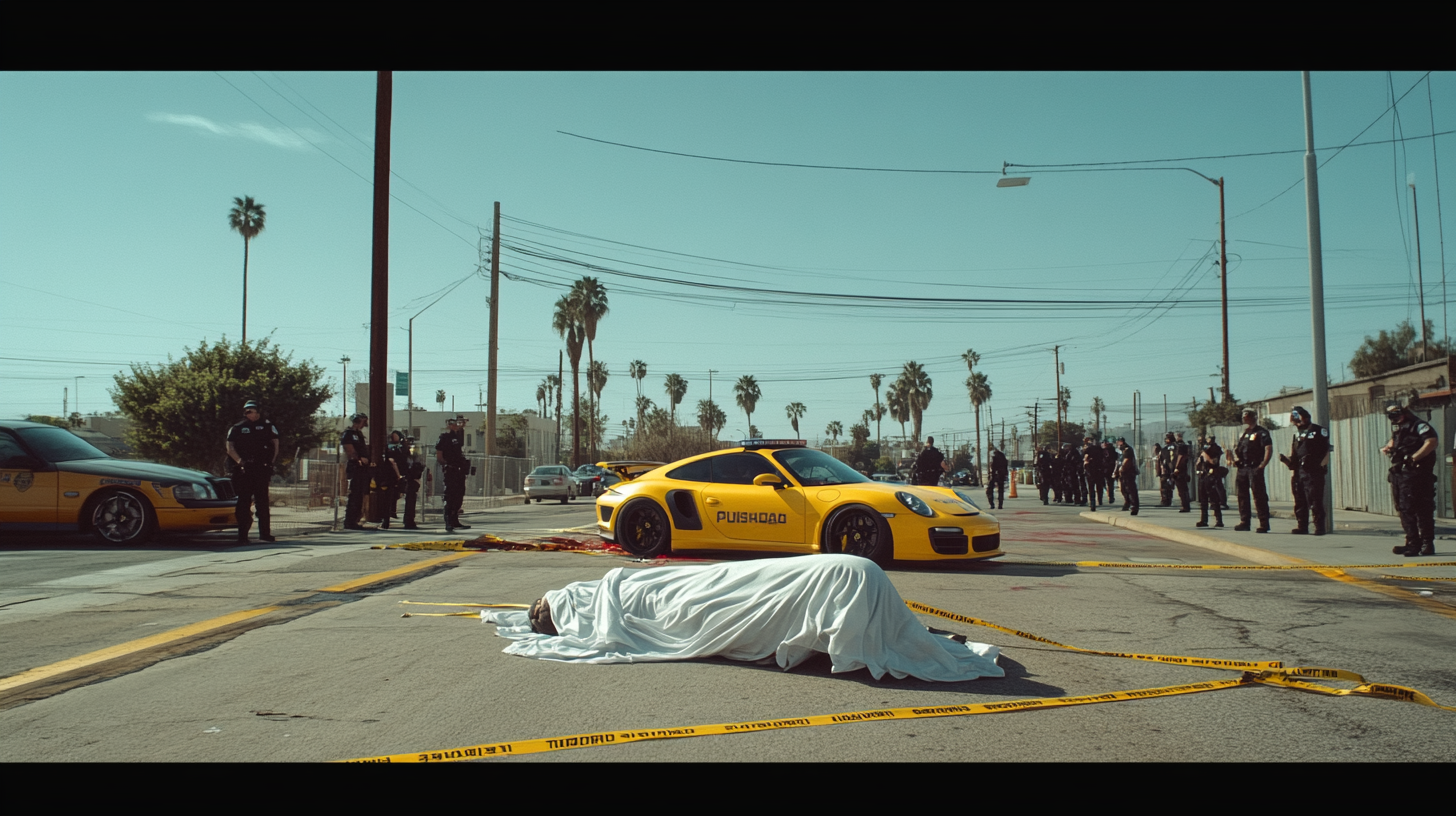 Crime scene with police, caution tape, body, and car.