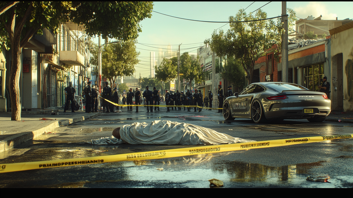 Crime scene with police investigating, covered body, parked car.