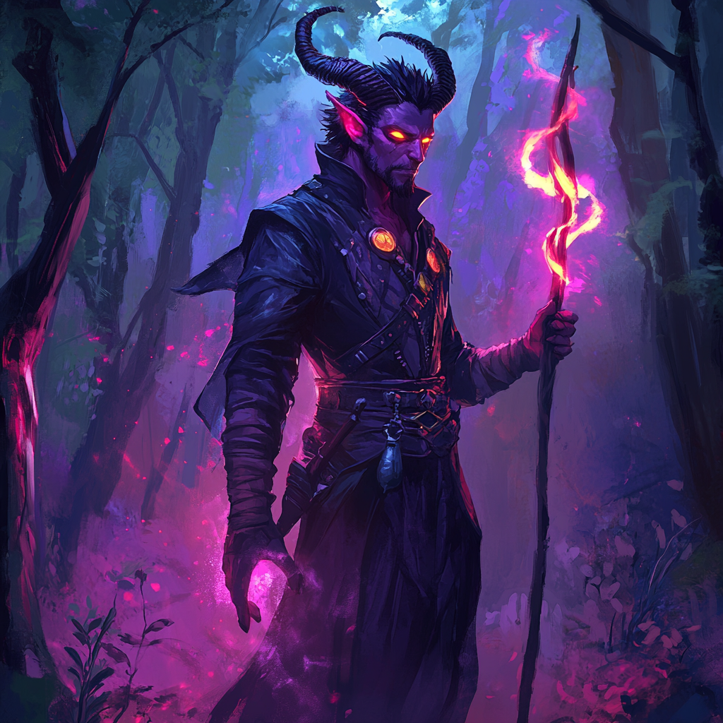 Crimson tiefling mage with swirling staff, glowing eyes.