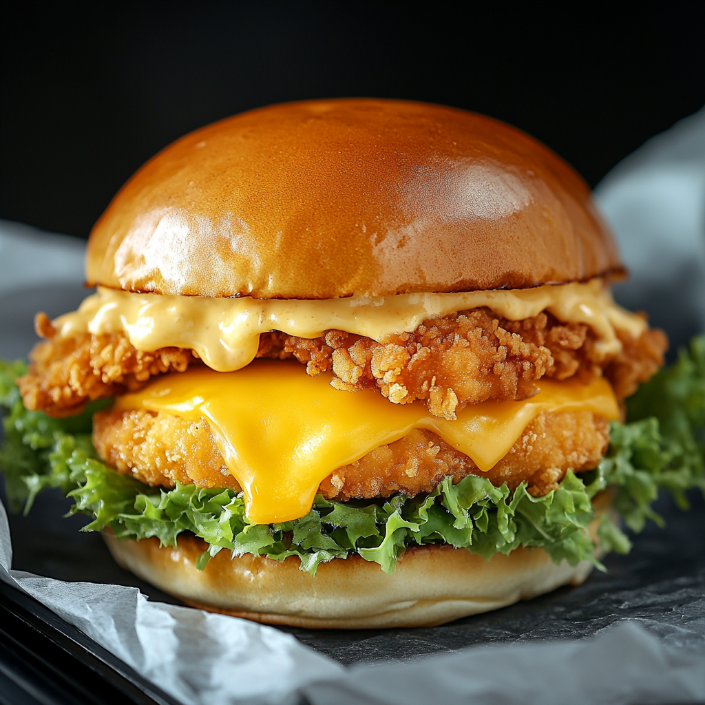 Crispy chicken cheeseburger on Australian bun in Black Tray.