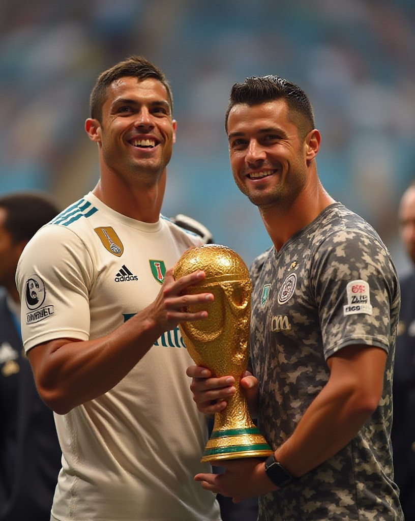 Cristiano Ronaldo holds prestigious World Cup trophy high.