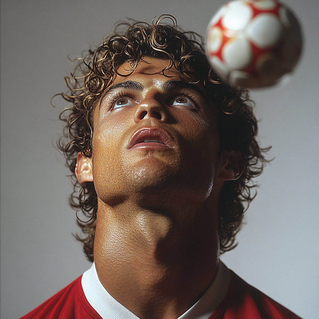 Cristiano Ronaldo wearing Manchester United 2008 jersey, curly hair.