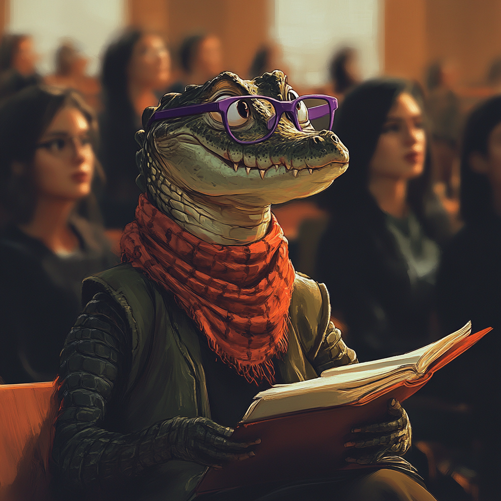 Crocodile in auditorium with red scarf watches young professor.