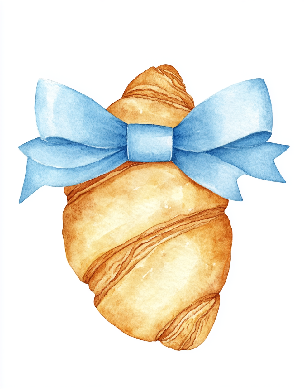 Croissant with blue ribbon in watercolor clipart.