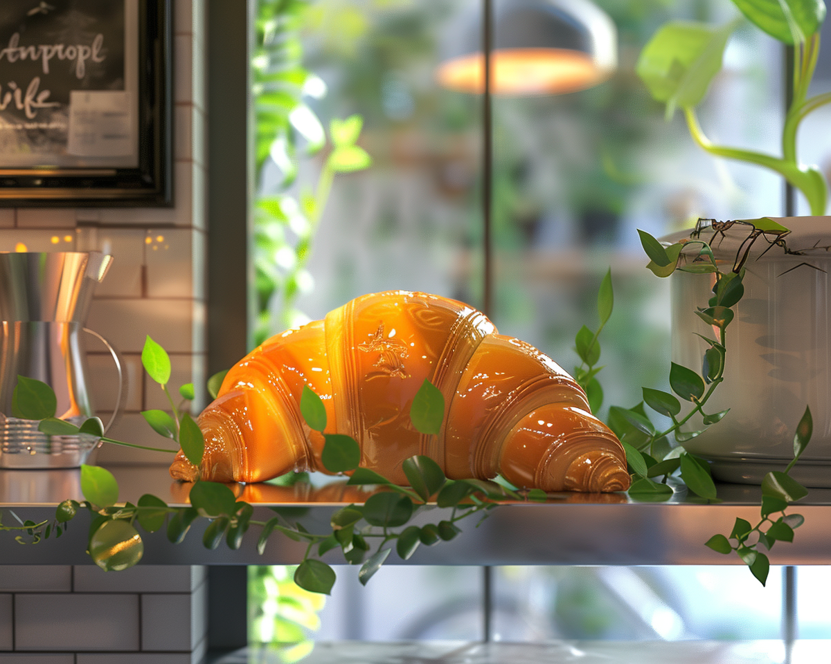 Croissant with orange paint as plastic coffee shop decor.