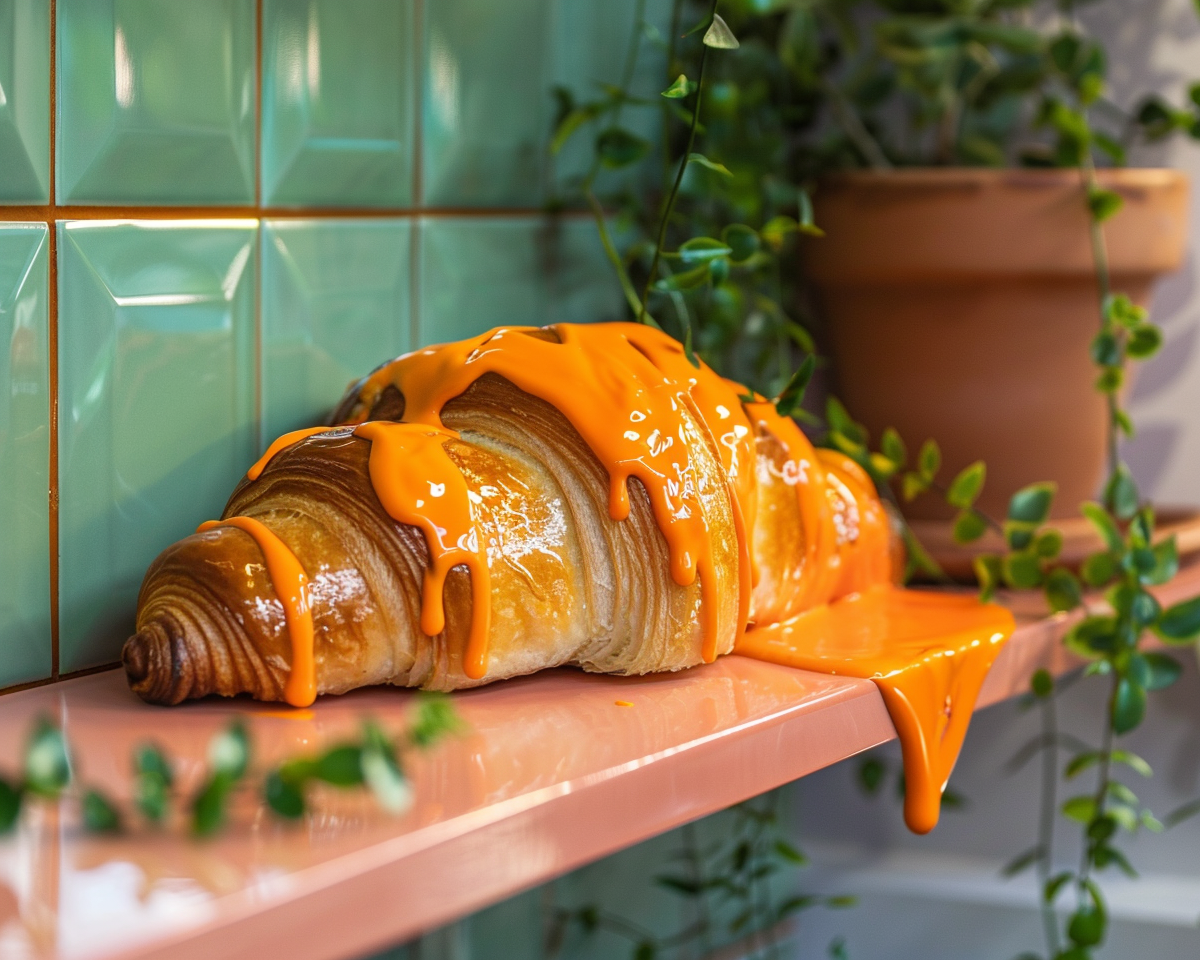 Croissant with orange paint dripping, plastic decoration, greenery.