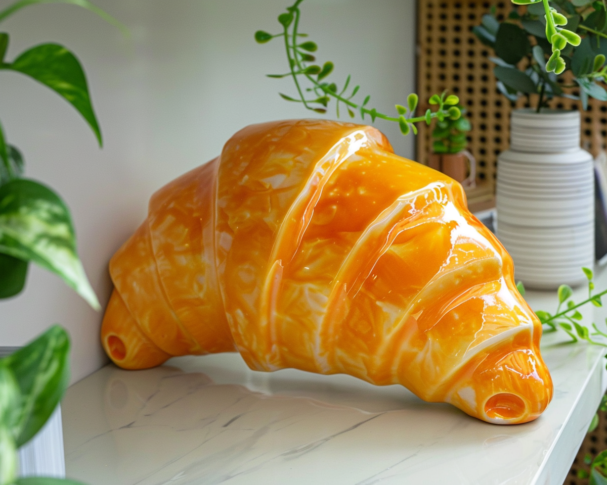 Croissant with orange paint layer on shelf, greenery.