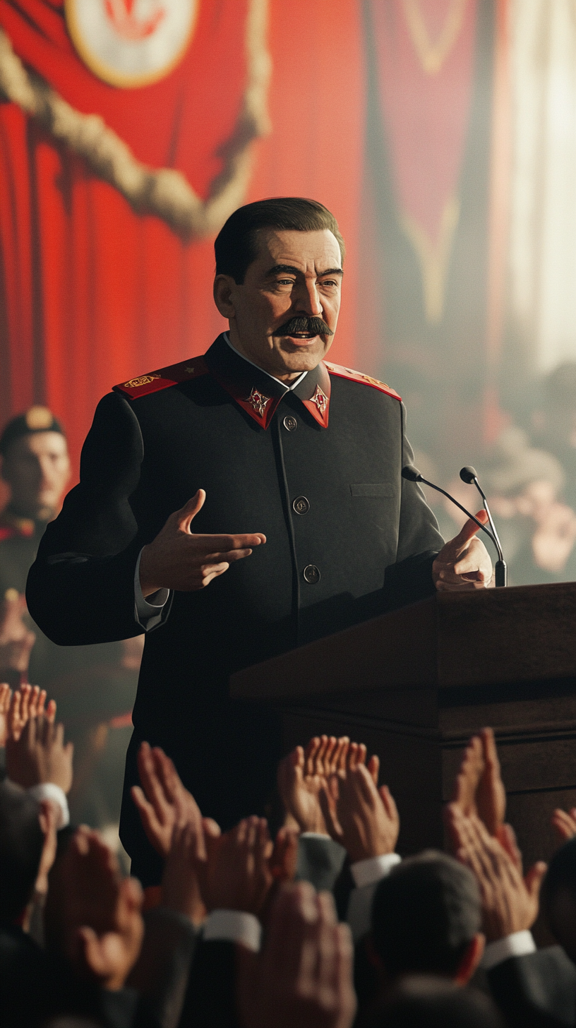 Crowd claps nervously as Stalin delivers oppressive speech.