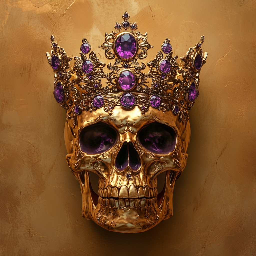 Crown with purple jewels on skull, gold background.