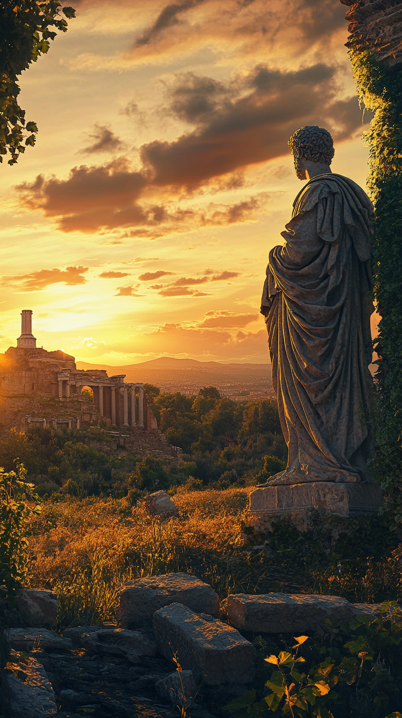 Crumbling Roman statue stands alone in field, reflecting time.