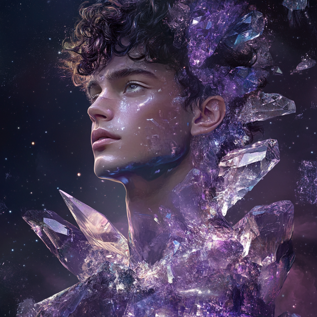 Crystalline young man with galaxy background, realistic and detailed.