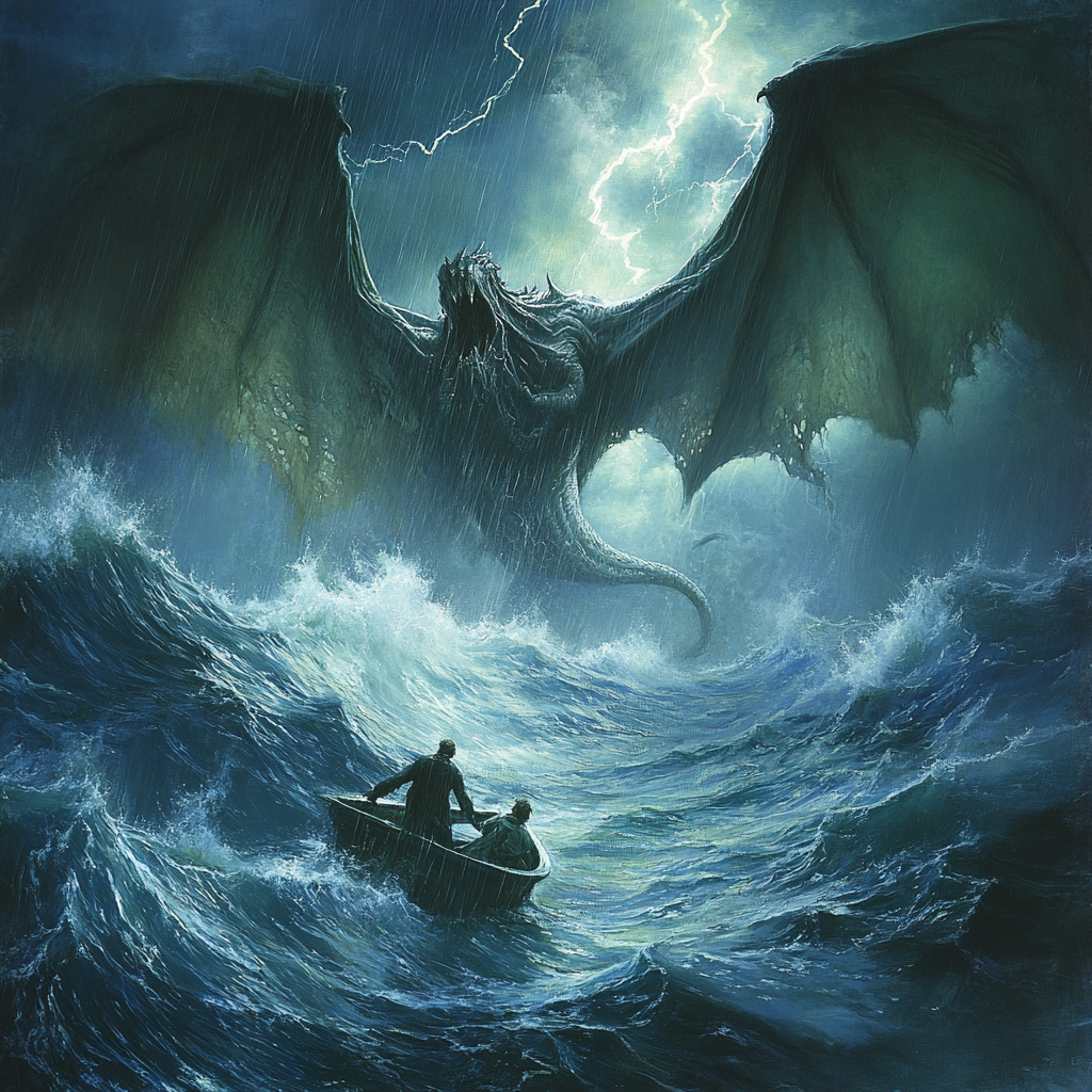 Cthulhu, the winged ocean monster, causes storm.