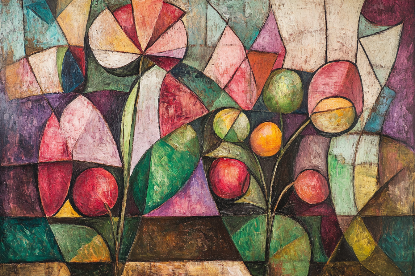 Cubist painting of flowers and fruits in Picasso style.